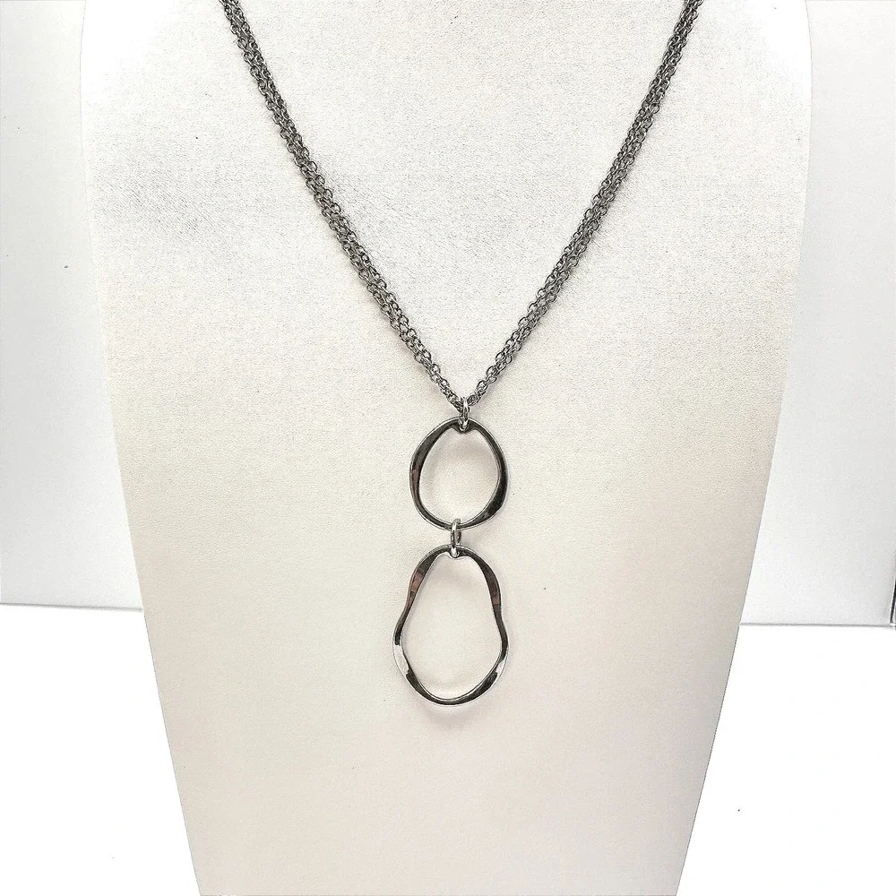 Vintage Y2K Cookie Lee Silver Tone Double Chain Organic Hoop Pendant Necklace